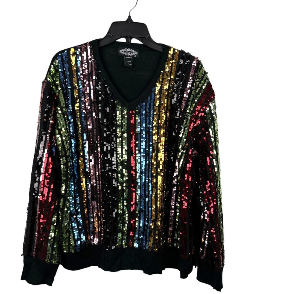 Oliver O Sweater Womens Large Black Rainbow Colorful Sequin Vneck Shimmer